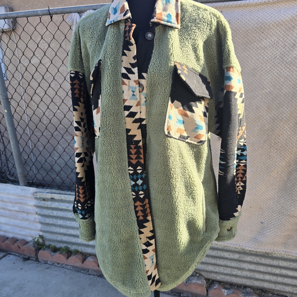 Teddy Fleece Shacket in Sage Green with Aztec Trim